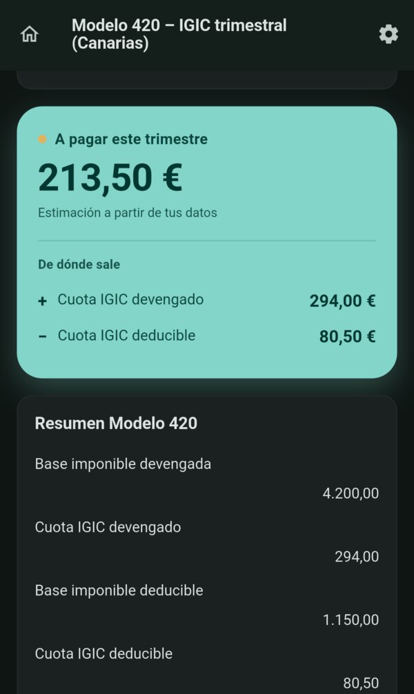 El borrador del modelo 420 del tercer trimestre de 2026 en la app: a pagar 213,50 €, de 294,00 € de IGIC devengado menos 80,50 € de IGIC deducible, y debajo el resumen del modelo con las bases de 4.200,00 € y 1.150,00 €. Datos de ejemplo.