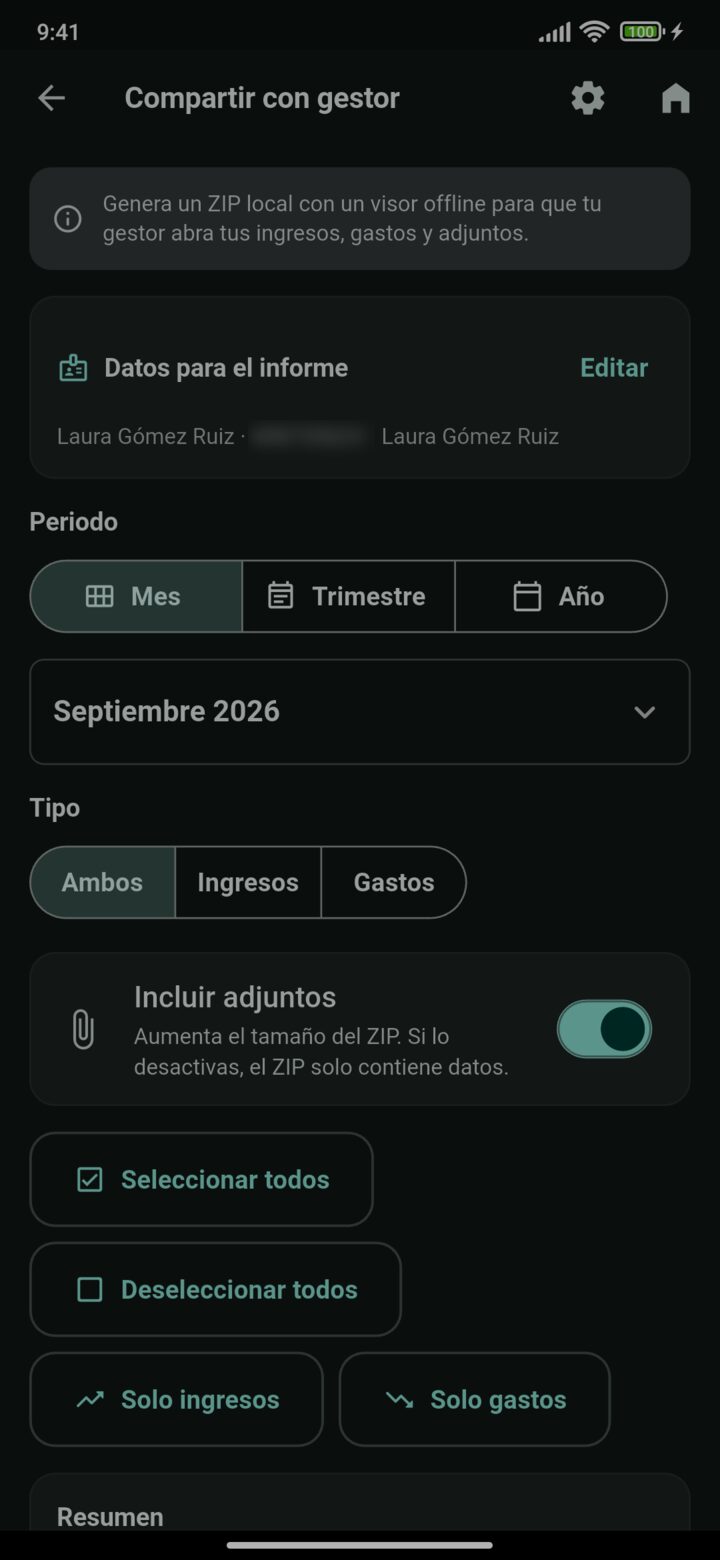 Pantalla de Fiscalio para enviar al gestor un ZIP con los ingresos, gastos y justificantes del periodo elegido.