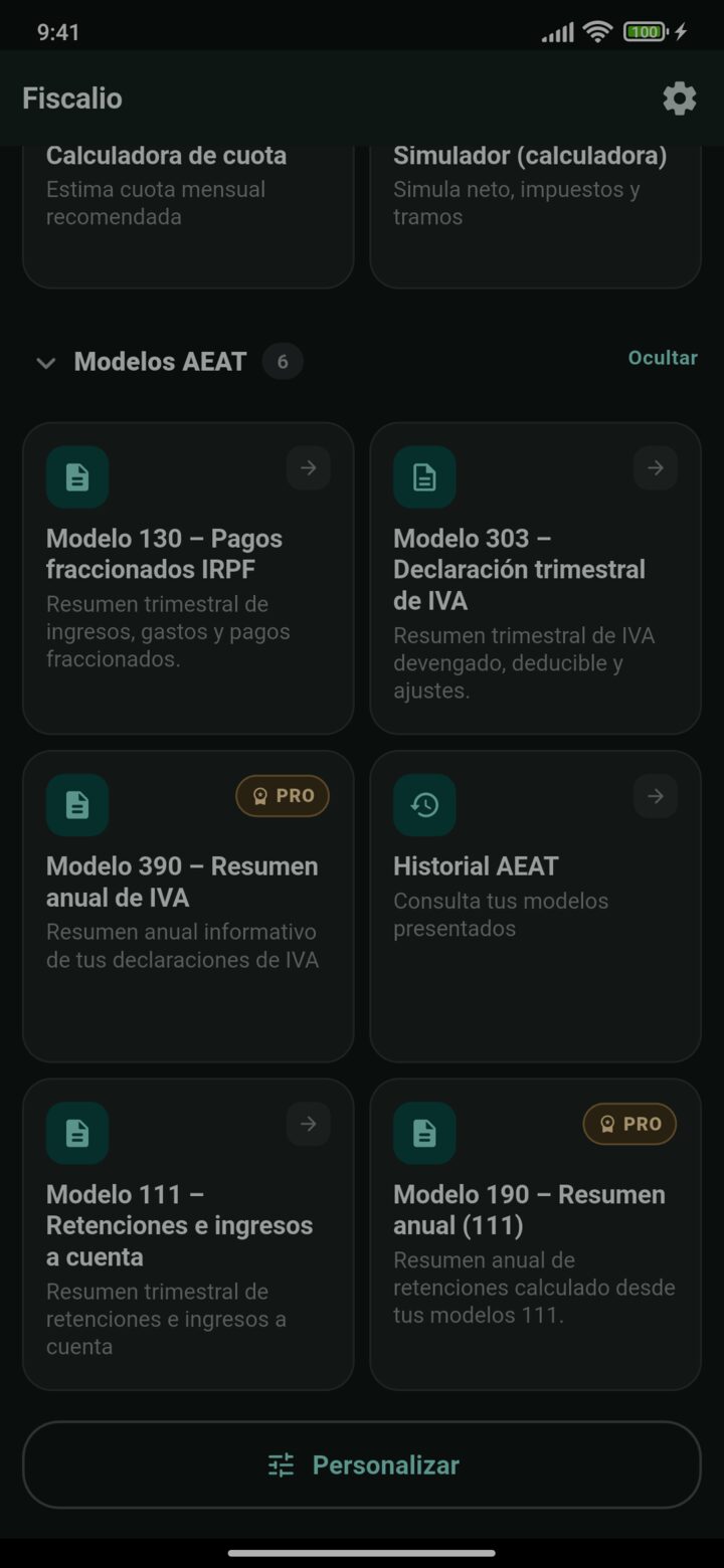 Lista de modelos de la AEAT que Fiscalio propone según el epígrafe y el régimen fiscal: 130, 303, 390, 111 y 190.