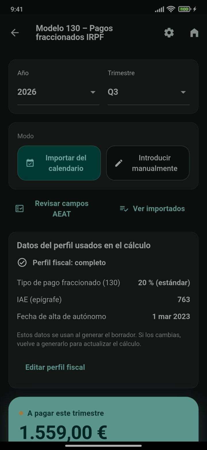 Modelo 130 en Fiscalio con los datos del perfil usados en el cálculo: el epígrafe del IAE, el tipo de pago fraccionado y la fecha de alta.