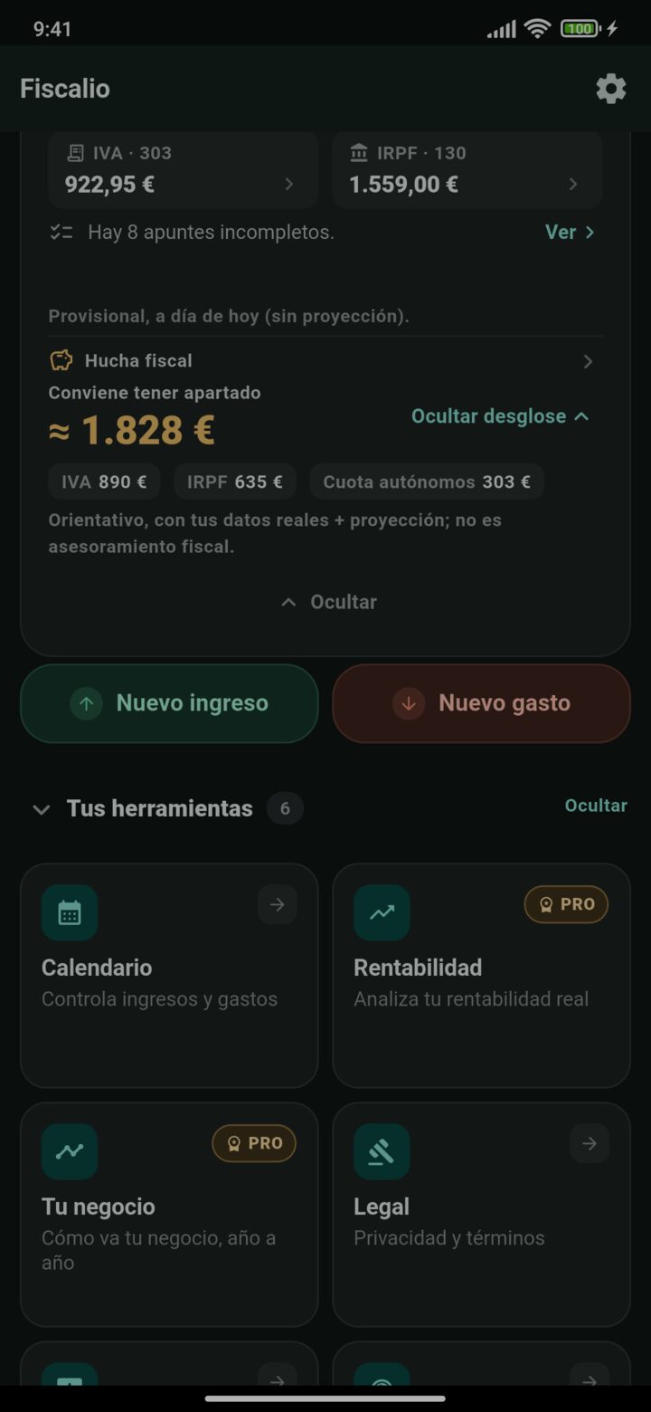 Hucha fiscal de Fiscalio: lo que conviene tener apartado del trimestre, repartido entre IVA, IRPF y cuota de autónomos.