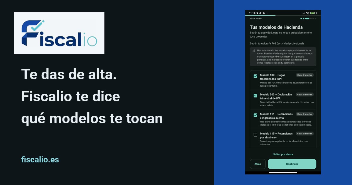 El alta guiada de Fiscalio mostrando los modelos de Hacienda que corresponden al epígrafe del autónomo, con el 130 y el 303 ya marcados.