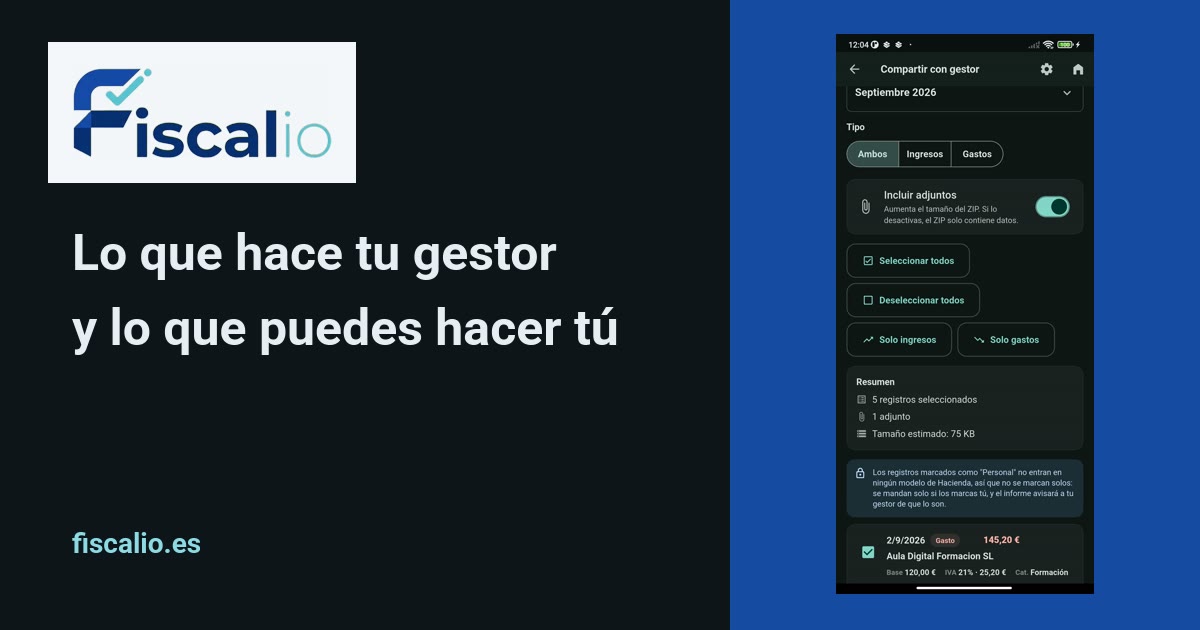 La pantalla «Compartir con gestor» de Fiscalio, que genera un ZIP con los datos, los ingresos, los gastos y los adjuntos del periodo.