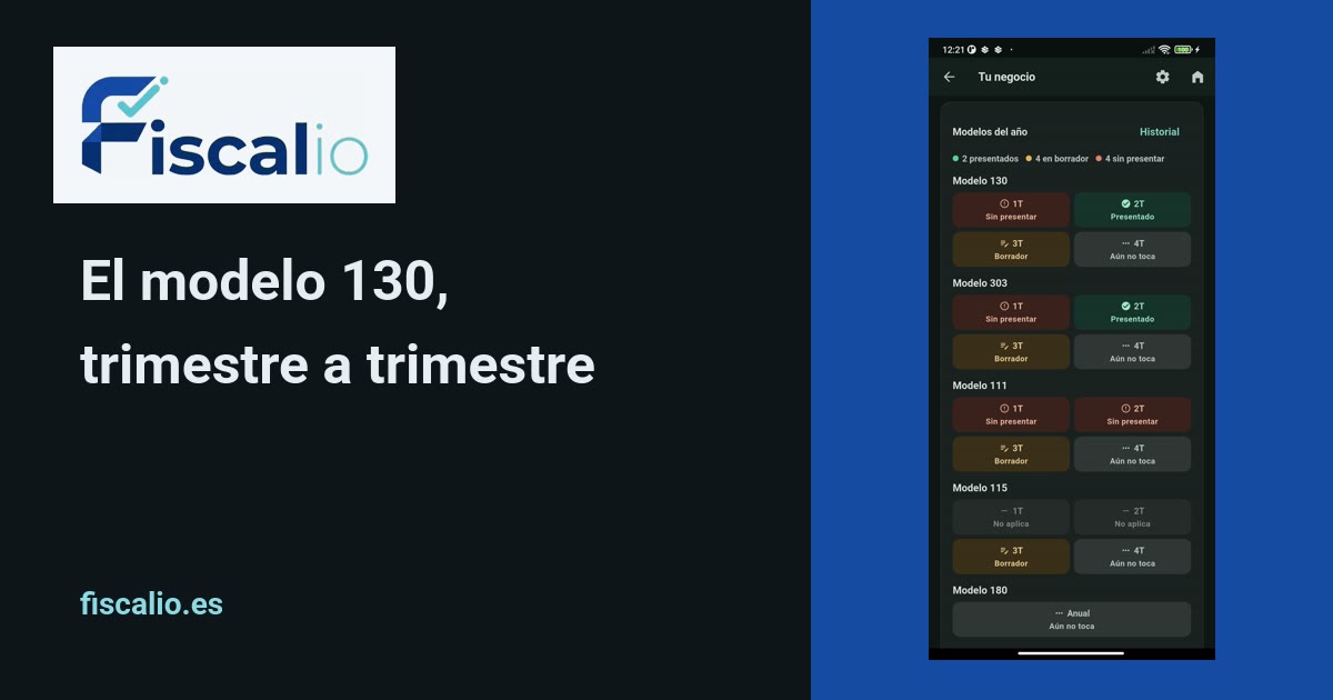 La pantalla «Tu negocio» de Fiscalio con la evolución trimestral de ingresos y el estado de presentación del modelo 130.