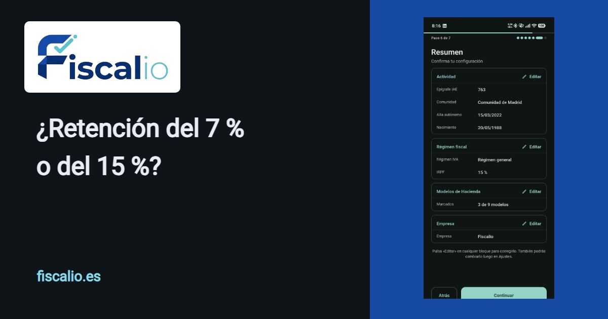 El resumen del alta de Fiscalio, con el epígrafe, la fecha de alta y la retención de IRPF habitual del 15 % dentro del régimen fiscal.