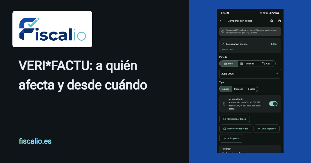 La pantalla «Compartir con gestor» de Fiscalio, que prepara un ZIP con los ingresos, los gastos y sus adjuntos del periodo elegido.